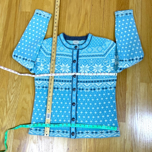 LL Bean Cardigan Sweater Wool Fair Isle Light Blue (M) - Picture 7 of 7
